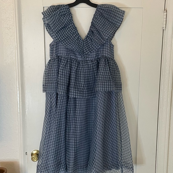 GANNI Gingham Check Ruffle Organza Sleeveless Dress In Heather - Picture 4 of 6